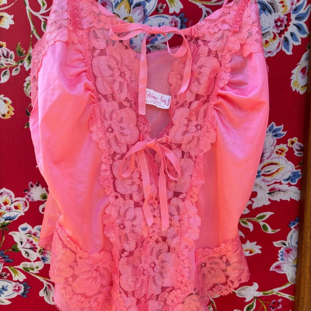 Vintage Pink Lace Tie Front High Waist Cheeky Teddy Bodysuit Lingerie Size M